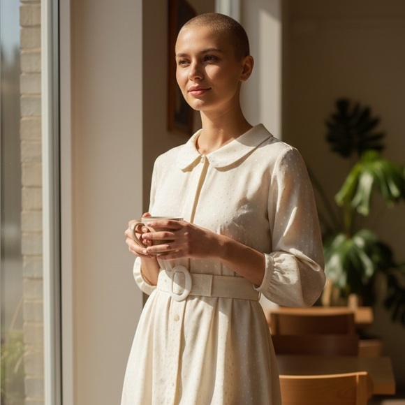 Vintage Delani II Sakowitz Ivory Polka Dot Prairie Dress with Belt - Picture 3 of 9